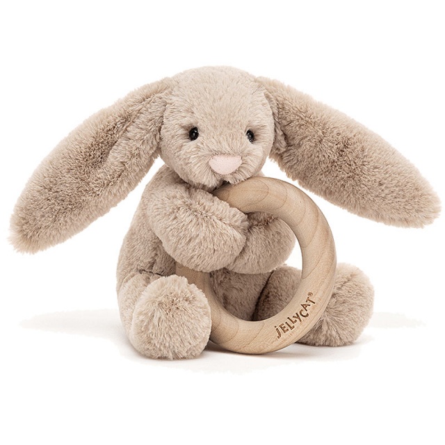 Bashful Beige Bunny Wooden Teething Ring & Rattle